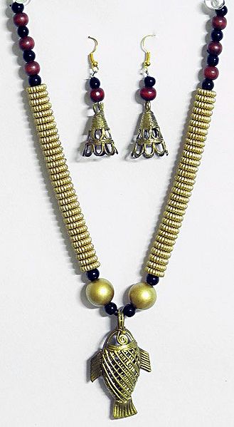 Dhokra Necklace with Fish Brass Pendant and Earrings