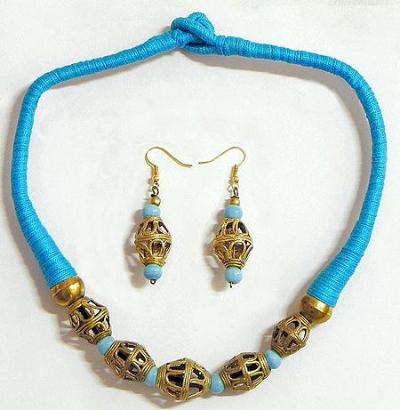 Dhokra Necklace Set with Blue Threaded Cord