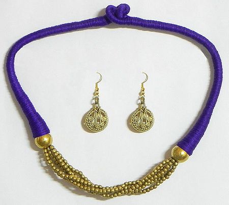 Dhokra Necklace Set with Purple Threaded Cord