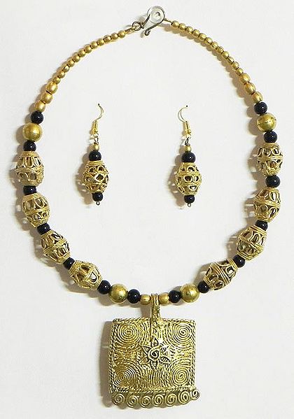 Dhokra Necklace Set with Square Pendant