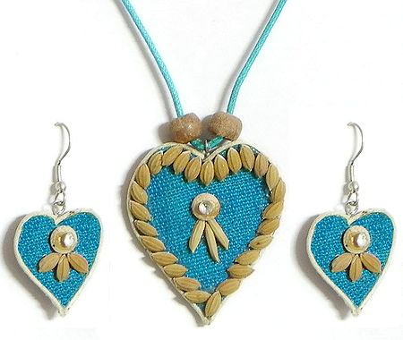 Blue Corded Heart Pendant and Earrings Decorated with Off White Wooden Beads and Paddy Rice