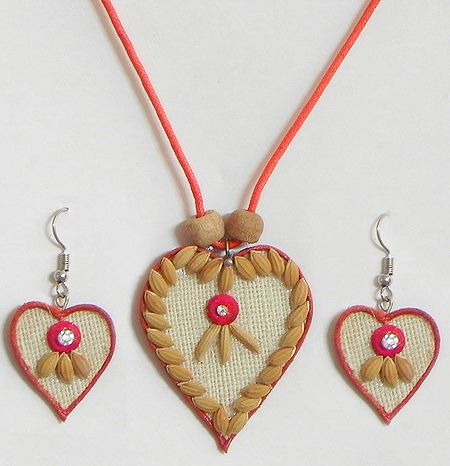 Saffron Corded Heart Pendant and Earrings Decorated with Off White Wooden Beads and Paddy Rice