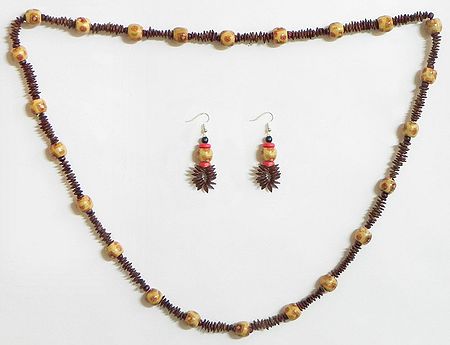 Beige and Dark Brown Wooden Beads with Natural Seed Necklace and Earrings 