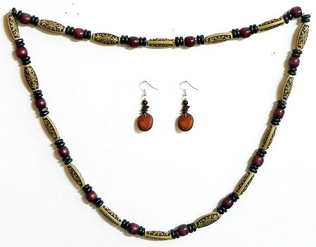 Beige with Maroon Wooden Beads and Natural Seed Necklace and Earrings 