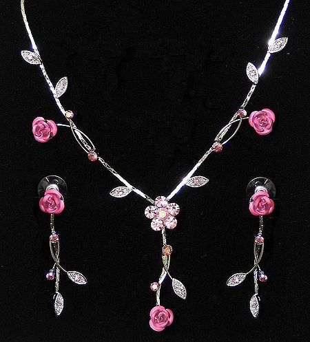 Faceted Cubic Zirconia with Metal Rose Necklace and Earrings Set