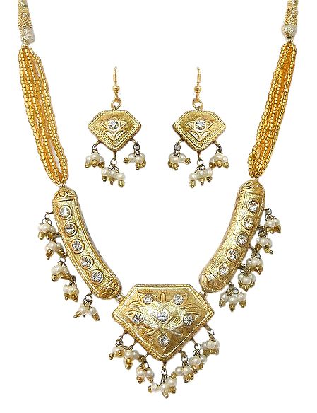 Golden Bead Adjustable Necklace with Lac Meenakari Pendant and Earrings