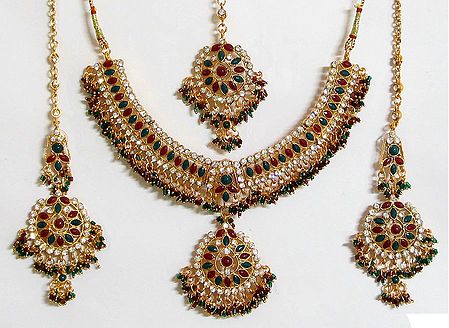 Green, Maroon and White Stone Studded Necklace with Earrings and Maang Tikka