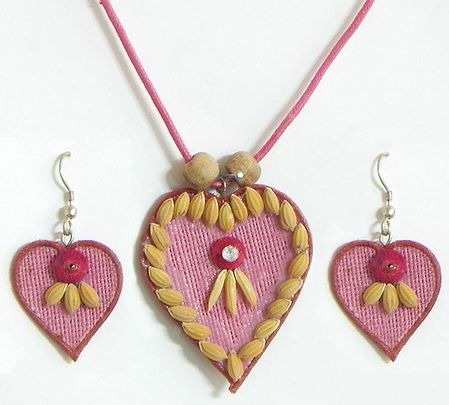 Pink Corded Heart Pendant and Earrings Decorated with Off White Wooden Beads and Paddy Rice