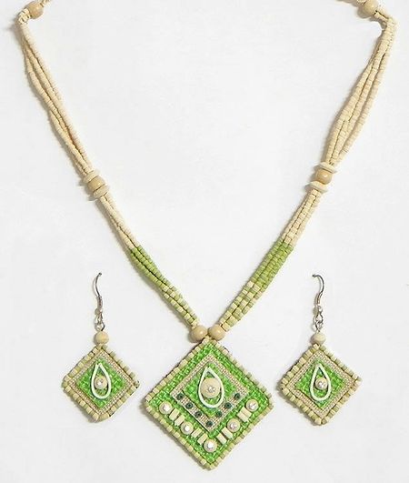 Green and Beige Wooden Bead Necklace with Jute Pendant and Earrings