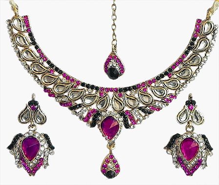 Faux Ruby, Emerald and White Zirconia Studded Kundan Necklace Set with Mang Tika