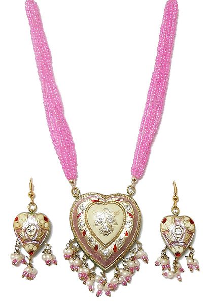 Pink Bead Adjustable Necklace with Lac Meenakari Pendant and Earrings
