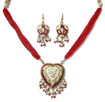 Red Bead Adjustable Necklace with Lac Meenakari Pendant and Earrings