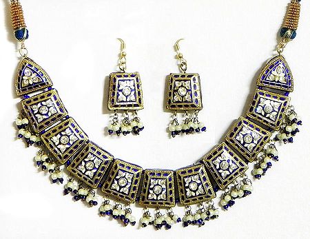 Blue and White with Golden Meenakari Necklace Set