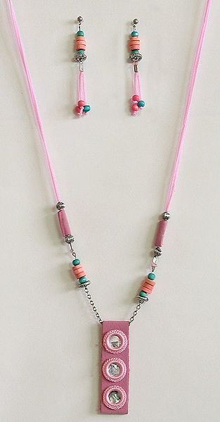 Light Pink Felt with Bead and Mirror Necklace with Earrings