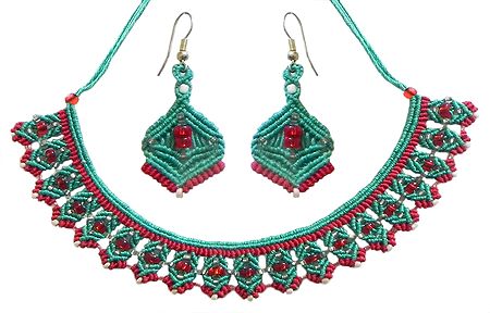 Cyan Blue with Red Macrame Thread Necklace and Earrings with Red and White Beads