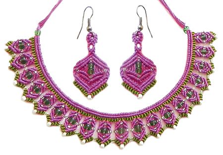 magenta with Green Macrame Thread Necklace and Earrings with Green and White Beads