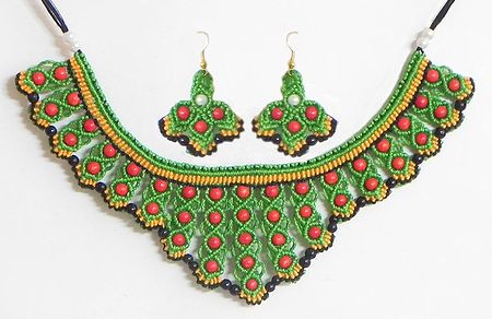 Green with Yellow and Black Macrame Thread Necklace and Earrings with Red Beads