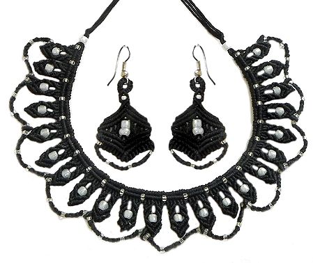 Black Macrame Thread Necklace and Earrings with White Beads