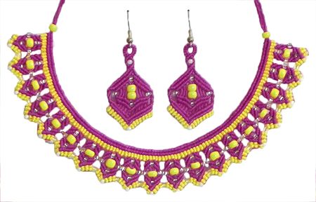 Magenta and Yellow Macrame Thread Necklace and Earrings with Yellow Beads