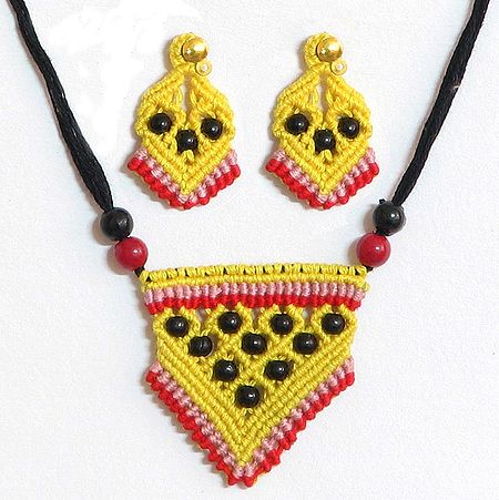 Black, Yellow Macrame Pendant and Earrings
