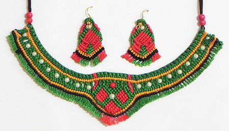 Green with Red and yellow Macrame Necklace and Earrings with White Beads