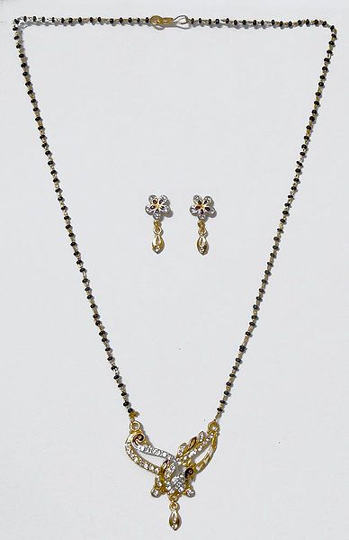 Black Beaded Mangalsutra with Peacock Pendant and Flower Earrings