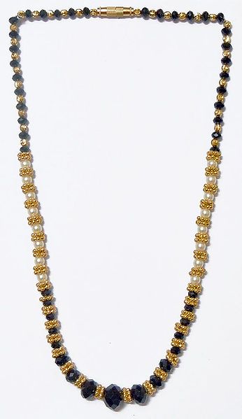 Black Crystal with Gold Plated and Faux Pearl Bead Necklace