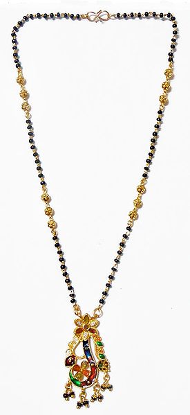 Black Bead and Gold Plated Mangalsutra with Laquered Pendant