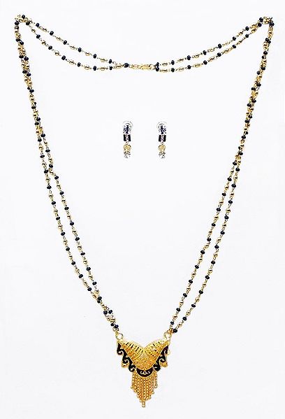 Black and Golden Bead Gold Plated Mangalsutra with Earrings
