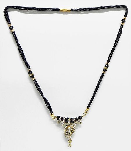 Black and Golden Bead Mangalsutra with Stone Studded Pendant