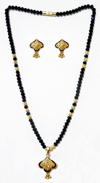 Black Crystal Mangalsutra with Gold Plated Balls and Pendant with Earrings