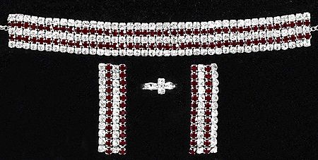 Maroon and White Stone Studded Choker, Earrings and Ring