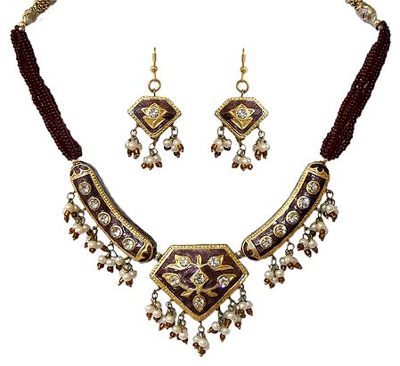 Maroon Bead Adjustable Necklace with Lac Meenakari Pendant and Earrings