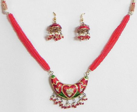 Red Beaded Necklace with Red, Green and Golden Meenakari Pendant Set