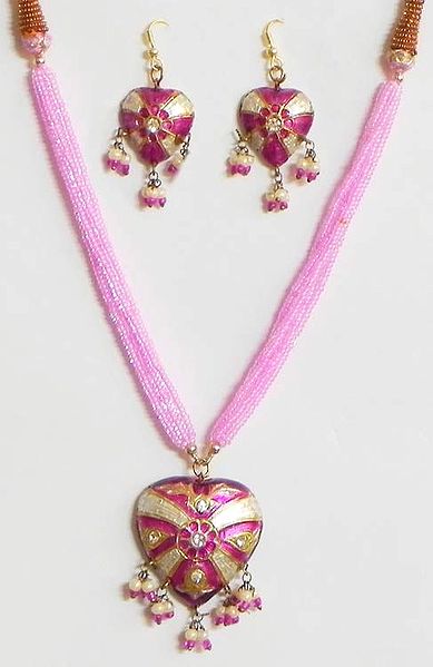 Pink Beaded Necklace with Magenta and Golden Meenakari Pendant Set