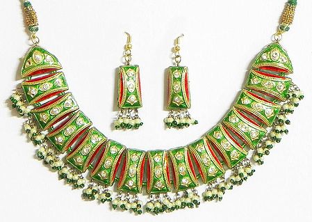Green and Red with Golden Meenakari Necklace Set