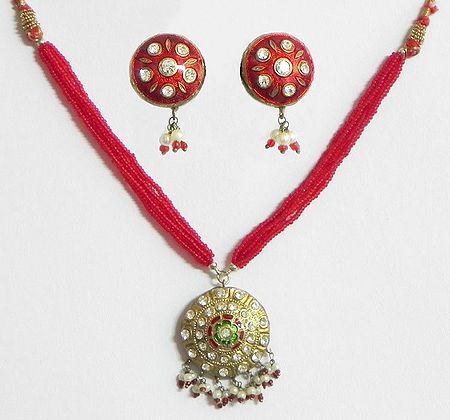 Red Beaded Necklace with Golden Meenakari Pendant Set