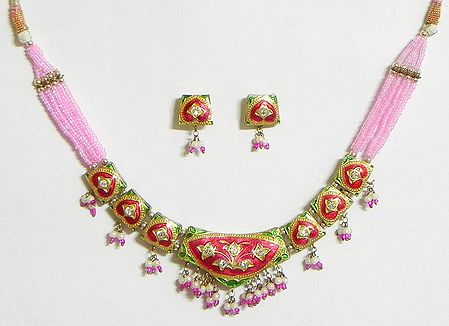 Dark Pink with Green and Golden Meenakari Necklace Set