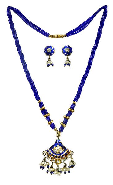 Blue Bead Necklace with Lac Meenakari Pendant and Earrings