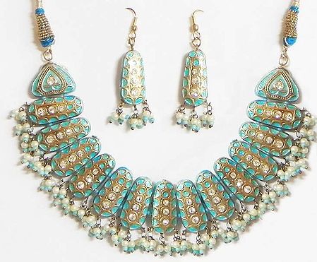 White Stone Studded Blue Meenakari Necklace with Earrings