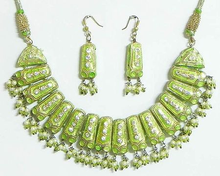 White Stone Studded Green Meenakari Necklace with Earrings