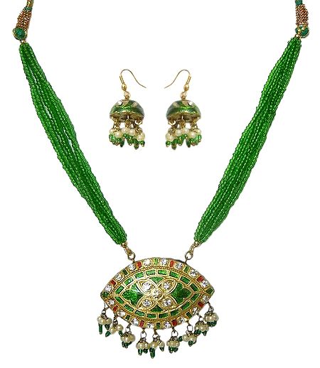 Green Bead Adjustable Necklace with Lac Meenakari Pendant and Earrings