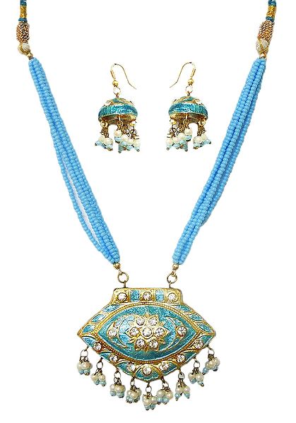 Blue Bead Necklace with Meenakari Pendant and Earrings