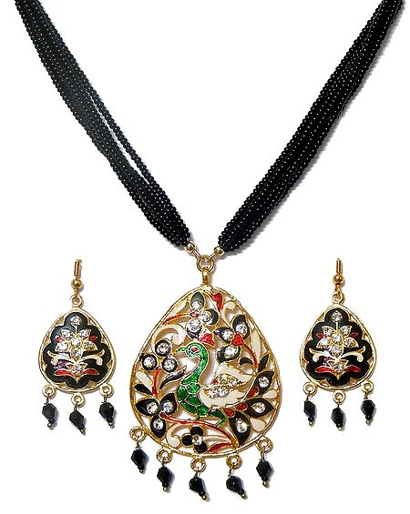 Black Beaded Meenakari Peacock Necklace Set