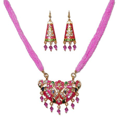 Pink Beaded Meenakari Necklace Set