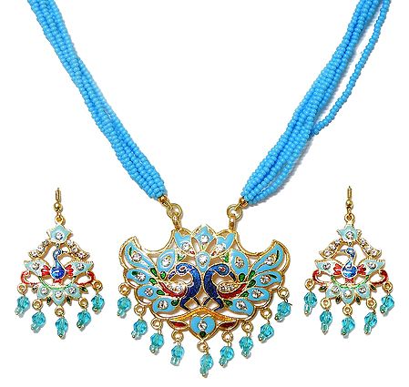 Blue Beaded Meenakari Peacock Necklace Set