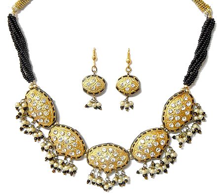 Golden with Black Beads and Lac Meenakari Necklace Set