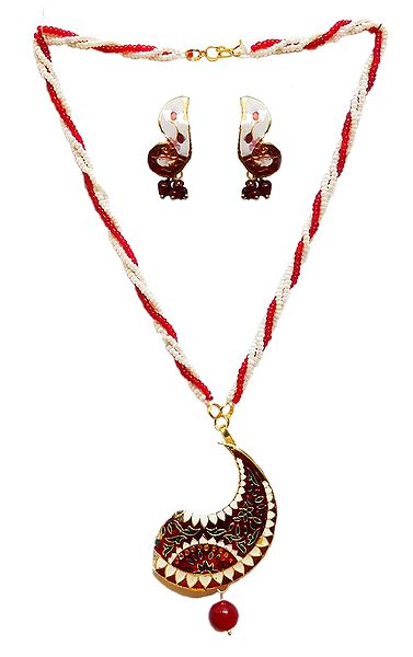 Red and White Beaded Necklace with Meenakari Metal Pendant and Earrings