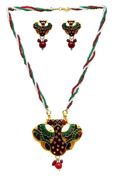 Multicolor Beaded Necklace with Meenakari Metal Pendant and Earrings