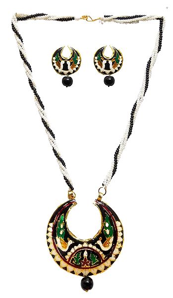 Black and White Beaded Necklace with Meenakari Metal Pendant and Earrings
